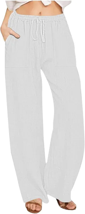 Summer Linen Pants for Women Trendy 2025 High Waisted Drawstring Lounge Trousers Flowy Boho Beach Pant Vacation Outfits