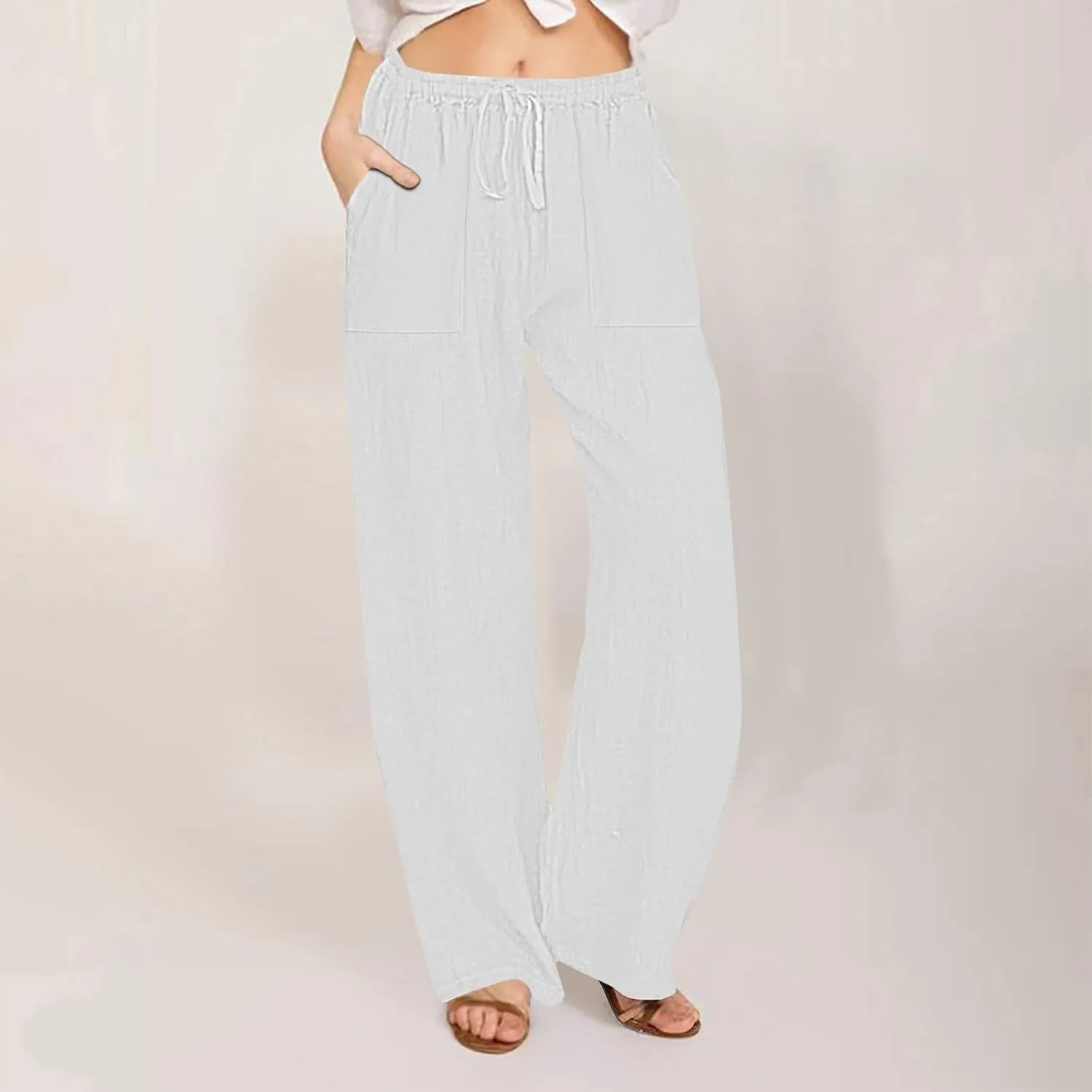 Summer Linen Pants for Women Trendy 2025 High Waisted Drawstring Lounge Trousers Flowy Boho Beach Pant Vacation Outfits