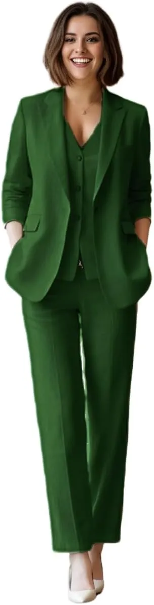 Summer Linen Womens Tuxedo 3 Piece Suit Sets Blazer Pants Vest Womens Business Professional Outfits
