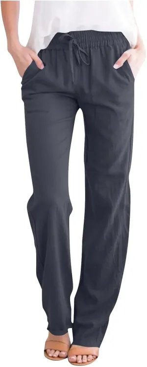 Summer Pants for Women 2025 Casual Drawstring High Waisted Linen Pants Beach Wide Leg Trousers with Pockets