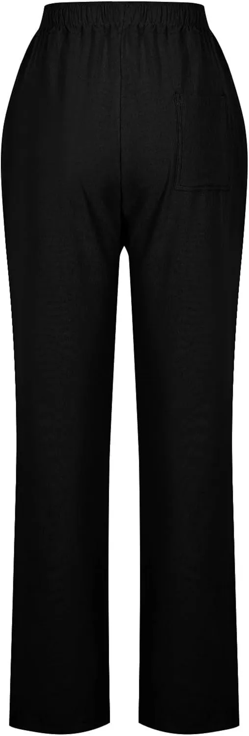Summer Pants for Women 2025 Casual Drawstring High Waisted Linen Pants Beach Wide Leg Trousers with Pockets