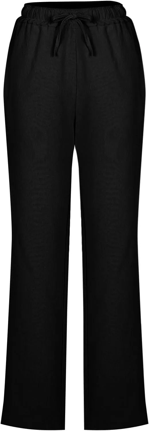 Summer Pants for Women 2025 Casual Drawstring High Waisted Linen Pants Beach Wide Leg Trousers with Pockets