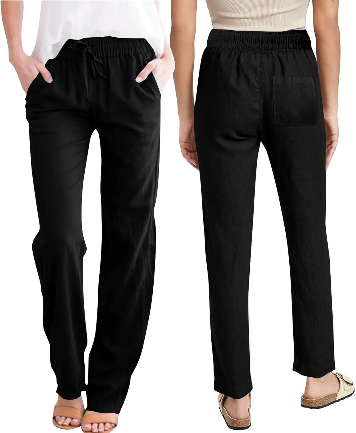 Summer Pants for Women 2025 Casual Drawstring High Waisted Linen Pants Beach Wide Leg Trousers with Pockets