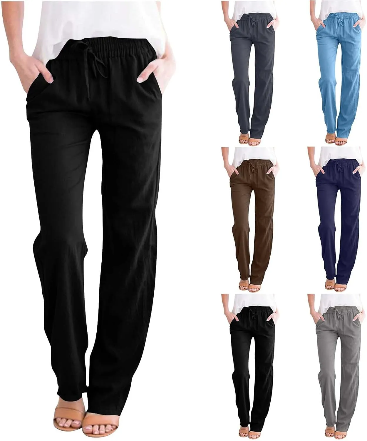 Summer Pants for Women 2025 Casual Drawstring High Waisted Linen Pants Beach Wide Leg Trousers with Pockets