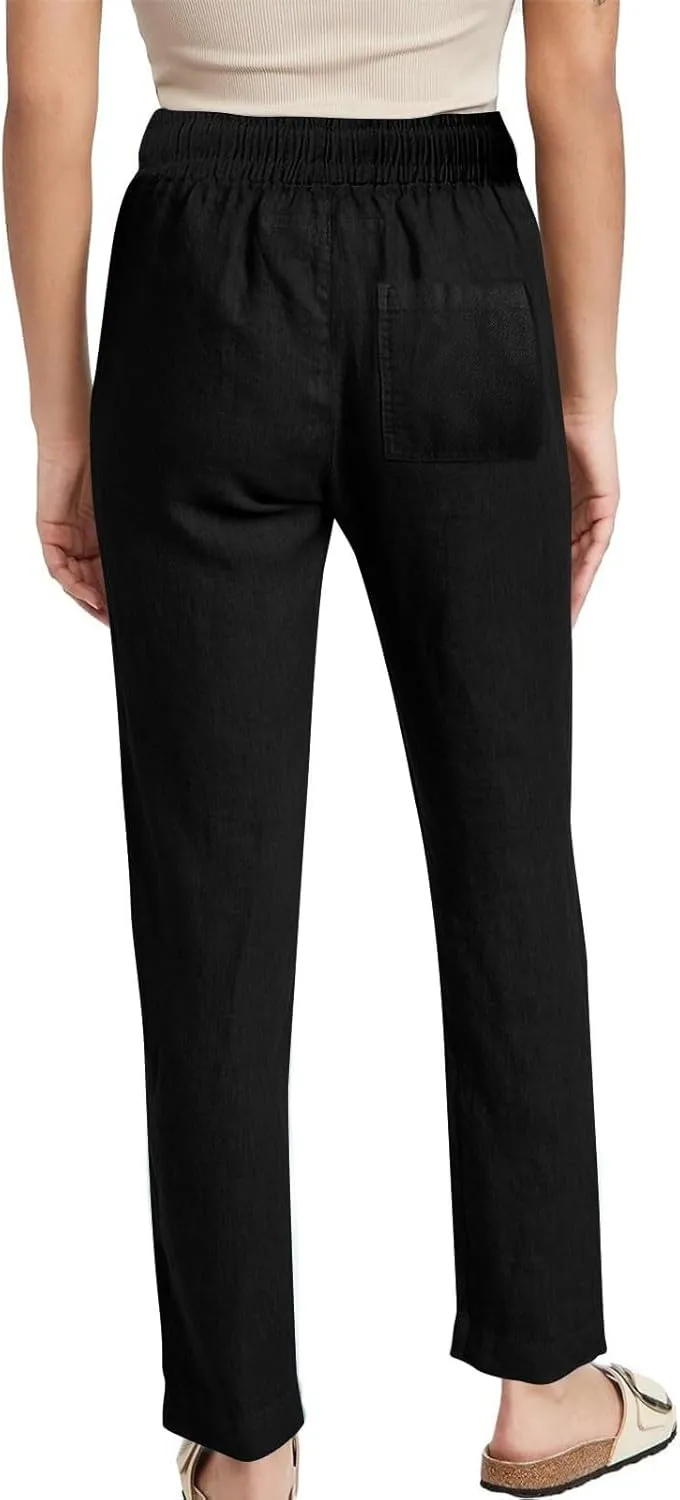 Summer Pants for Women 2025 Casual Drawstring High Waisted Linen Pants Beach Wide Leg Trousers with Pockets