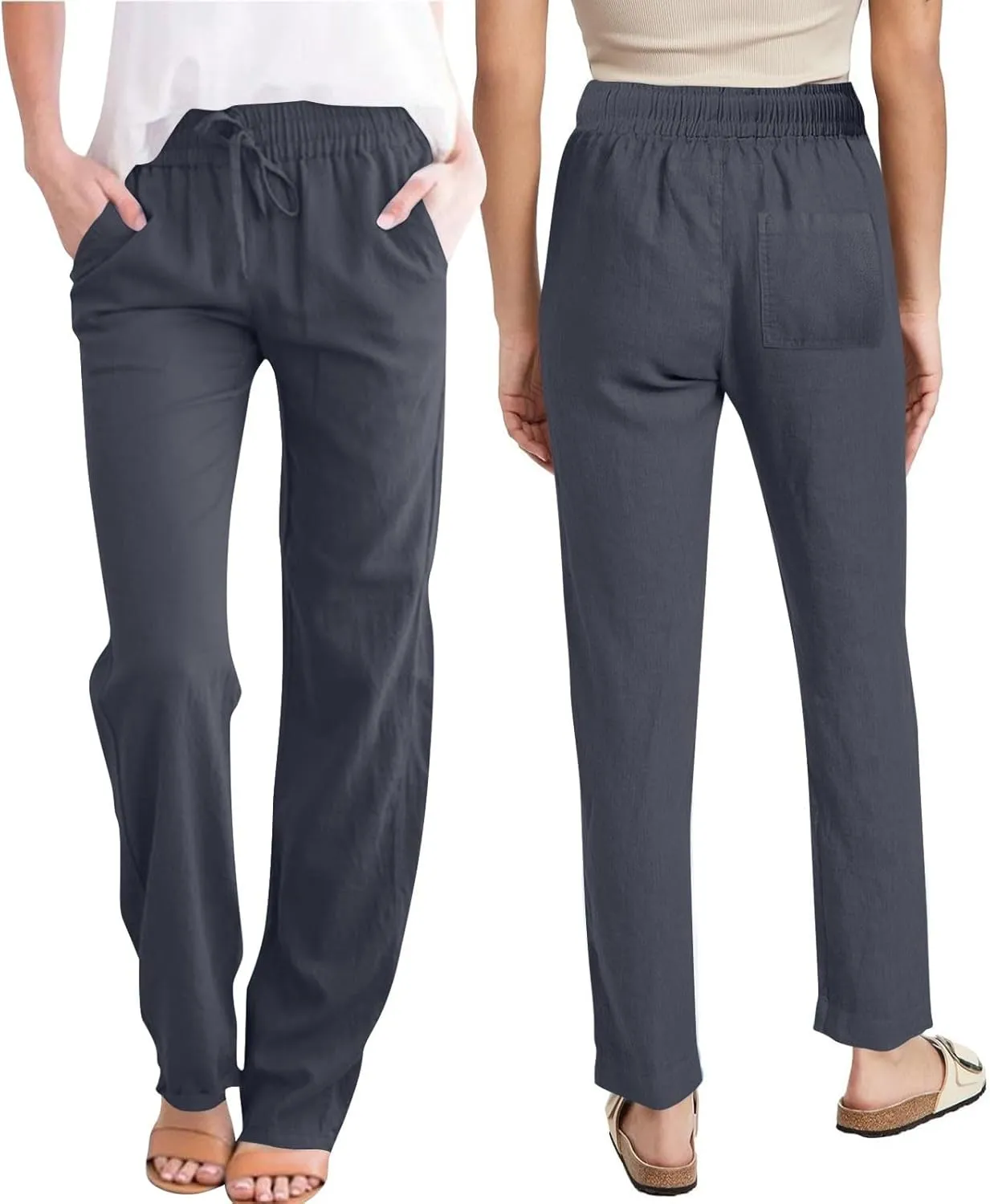 Summer Pants for Women 2025 Casual Drawstring High Waisted Linen Pants Beach Wide Leg Trousers with Pockets