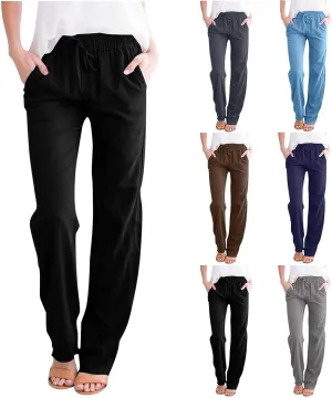 Summer Pants for Women 2025 Casual Drawstring High Waisted Linen Pants Beach Wide Leg Trousers with Pockets