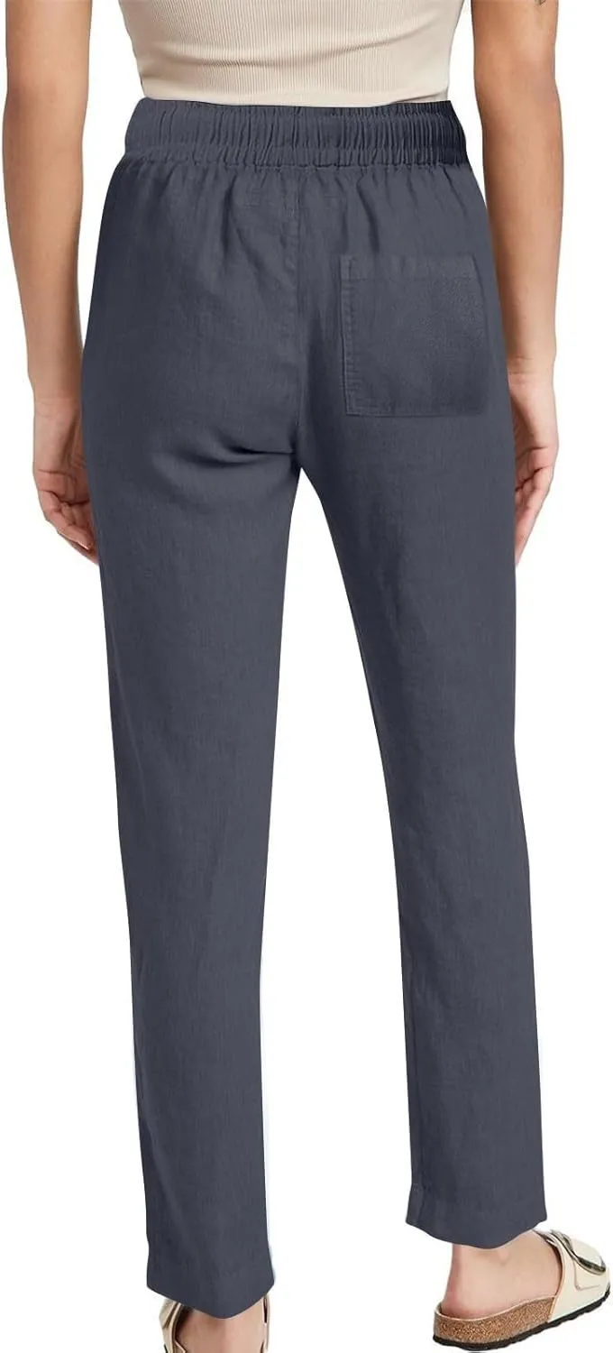 Summer Pants for Women 2025 Casual Drawstring High Waisted Linen Pants Beach Wide Leg Trousers with Pockets