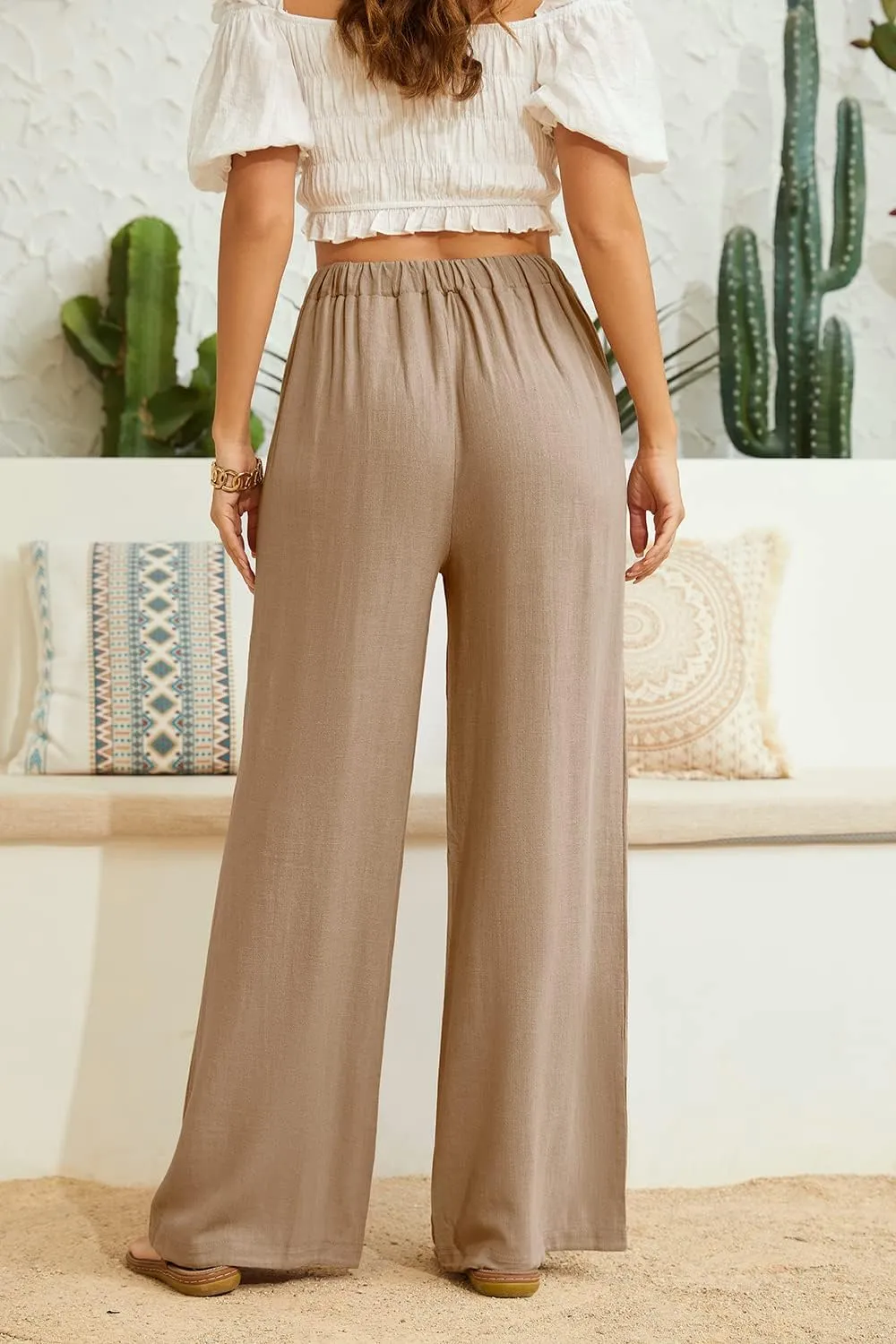 SVALIY Women Flowy Pants Cotton Linen Wide Leg Palazzo Pants Long Lounge Slacks High Waist Button Trousers Pocket