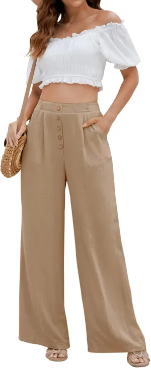 SVALIY Women Flowy Pants Cotton Linen Wide Leg Palazzo Pants Long Lounge Slacks High Waist Button Trousers Pocket