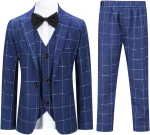 SWOTGdoby Boys Suits 3 Pieces Formal Suit Set Plaid Blazer Vest Pants Slim Fit Suit Jacket for Wedding Party