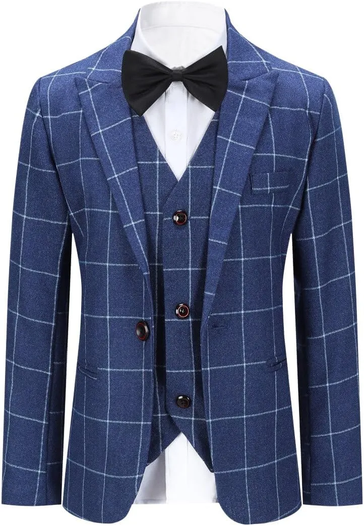SWOTGdoby Boys Suits 3 Pieces Formal Suit Set Plaid Blazer Vest Pants Slim Fit Suit Jacket for Wedding Party