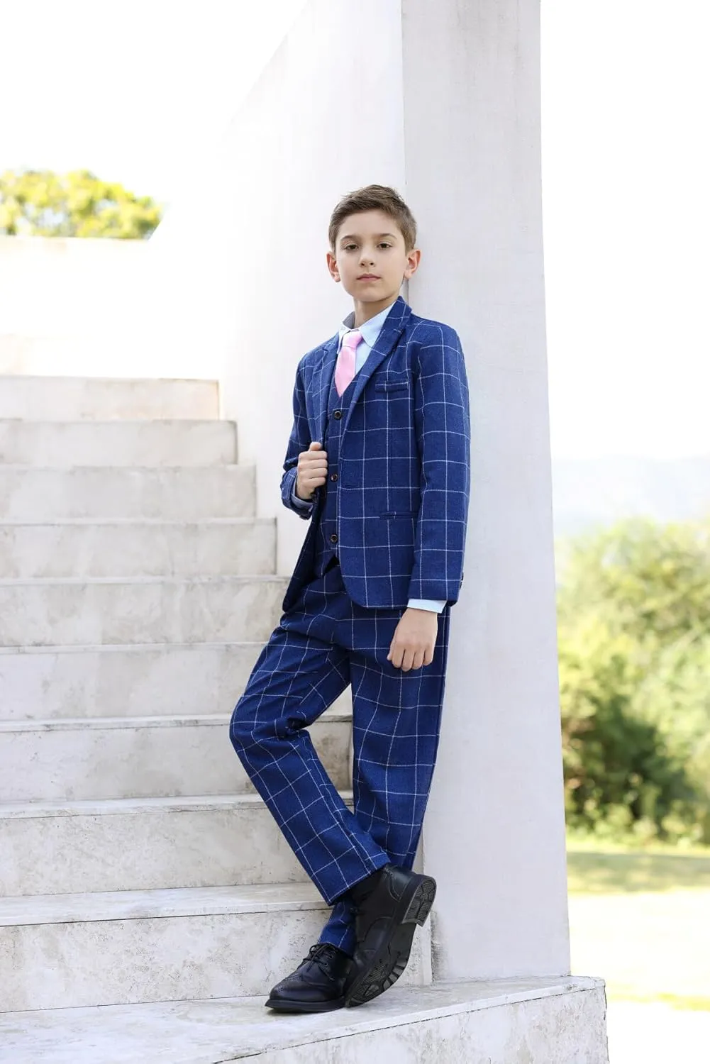 SWOTGdoby Boys Suits 3 Pieces Formal Suit Set Plaid Blazer Vest Pants Slim Fit Suit Jacket for Wedding Party