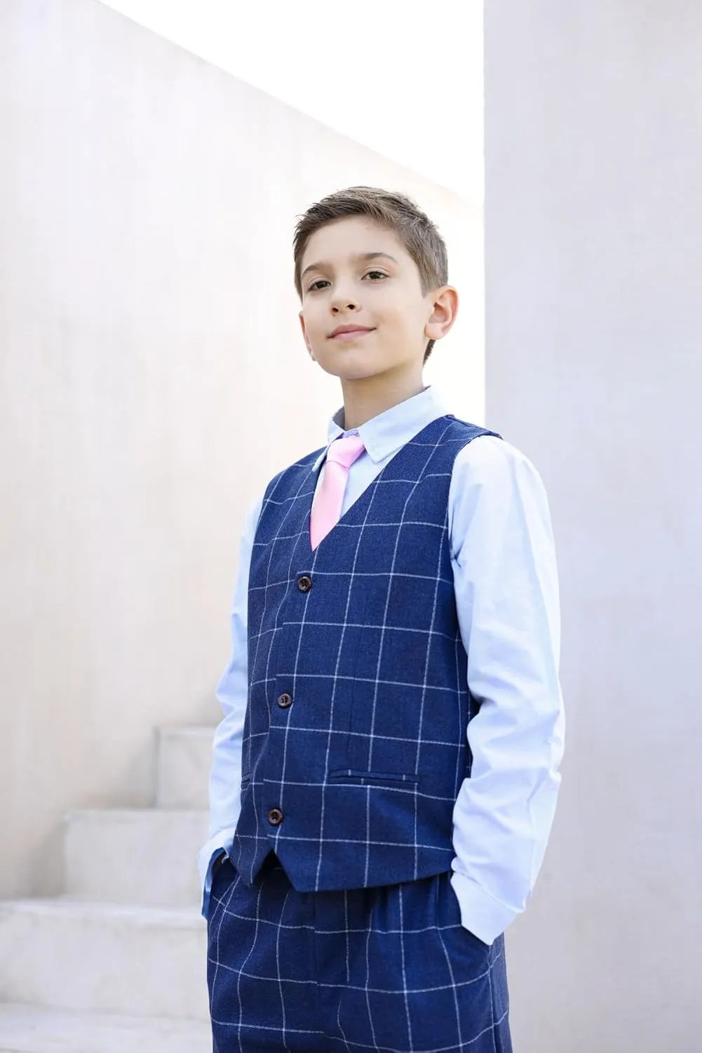 SWOTGdoby Boys Suits 3 Pieces Formal Suit Set Plaid Blazer Vest Pants Slim Fit Suit Jacket for Wedding Party