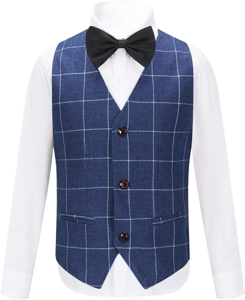 SWOTGdoby Boys Suits 3 Pieces Formal Suit Set Plaid Blazer Vest Pants Slim Fit Suit Jacket for Wedding Party