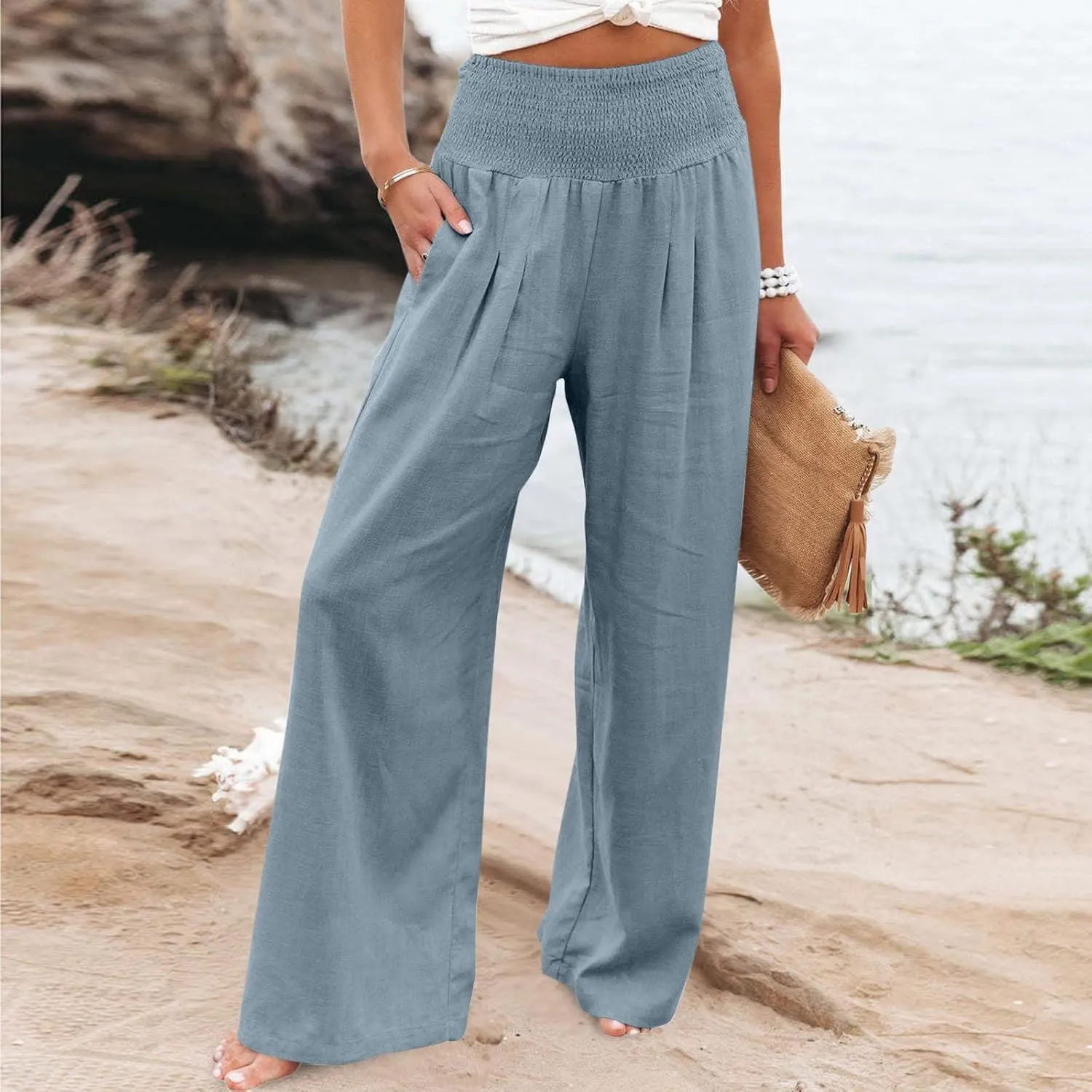 TANGNADE Women Summer Smocked High Waisted Cotton Linen Palazzo Pants Plus Size Wide Leg Casual Loose Travel Gauze Trouser