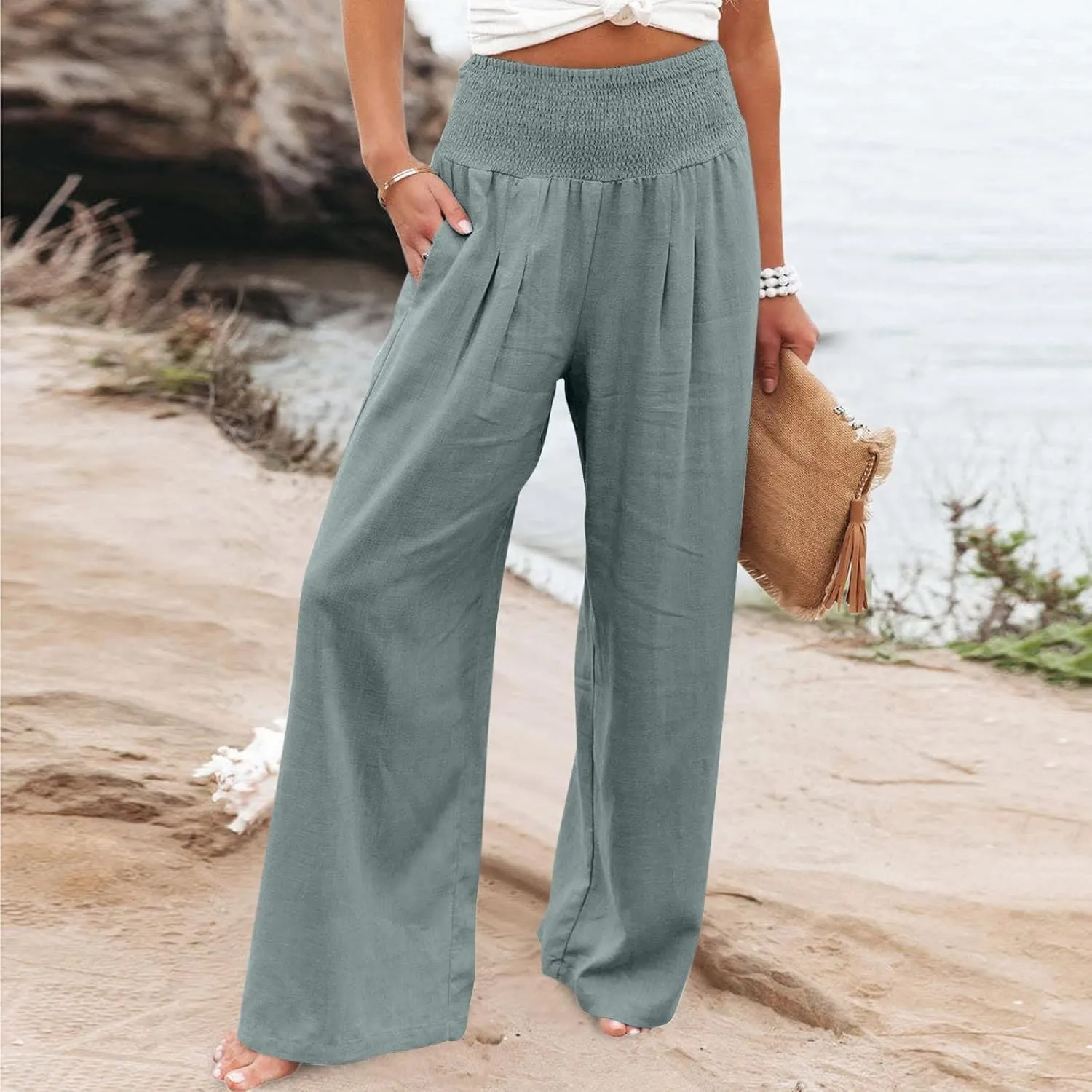 TANGNADE Women Summer Smocked High Waisted Cotton Linen Palazzo Pants Plus Size Wide Leg Casual Loose Travel Gauze Trouser