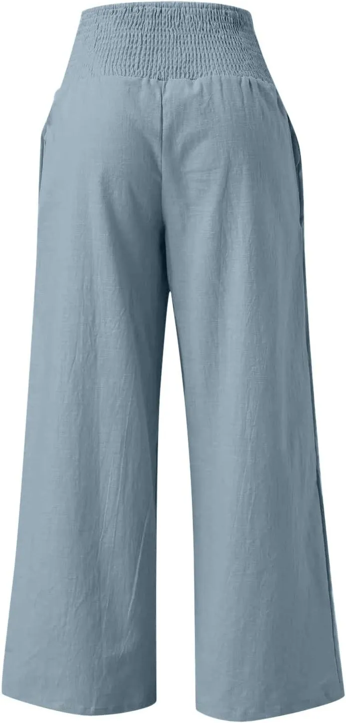 TANGNADE Women Summer Smocked High Waisted Cotton Linen Palazzo Pants Plus Size Wide Leg Casual Loose Travel Gauze Trouser
