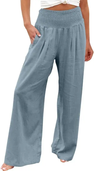 TANGNADE Women Summer Smocked High Waisted Cotton Linen Palazzo Pants Plus Size Wide Leg Casual Loose Travel Gauze Trouser