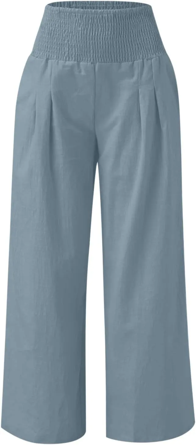 TANGNADE Women Summer Smocked High Waisted Cotton Linen Palazzo Pants Plus Size Wide Leg Casual Loose Travel Gauze Trouser