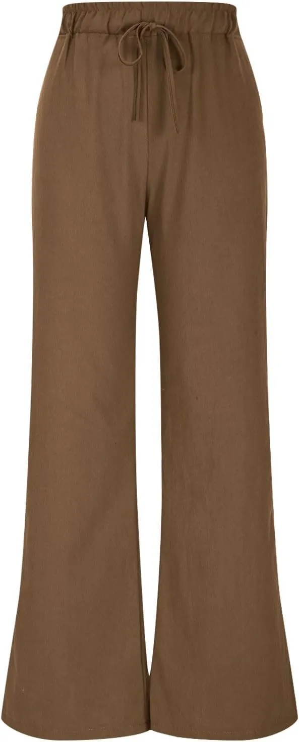 TANGNADE Womens Cotton Linen Pants with Pockets Straight Leg Loose Elastic High Waisted Comfy Summer Lounge Trousers