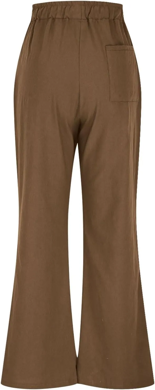 TANGNADE Womens Cotton Linen Pants with Pockets Straight Leg Loose Elastic High Waisted Comfy Summer Lounge Trousers
