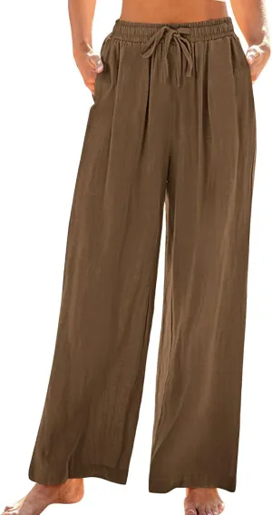 TANGNADE Womens Cotton Linen Pants with Pockets Straight Leg Loose Elastic High Waisted Comfy Summer Lounge Trousers