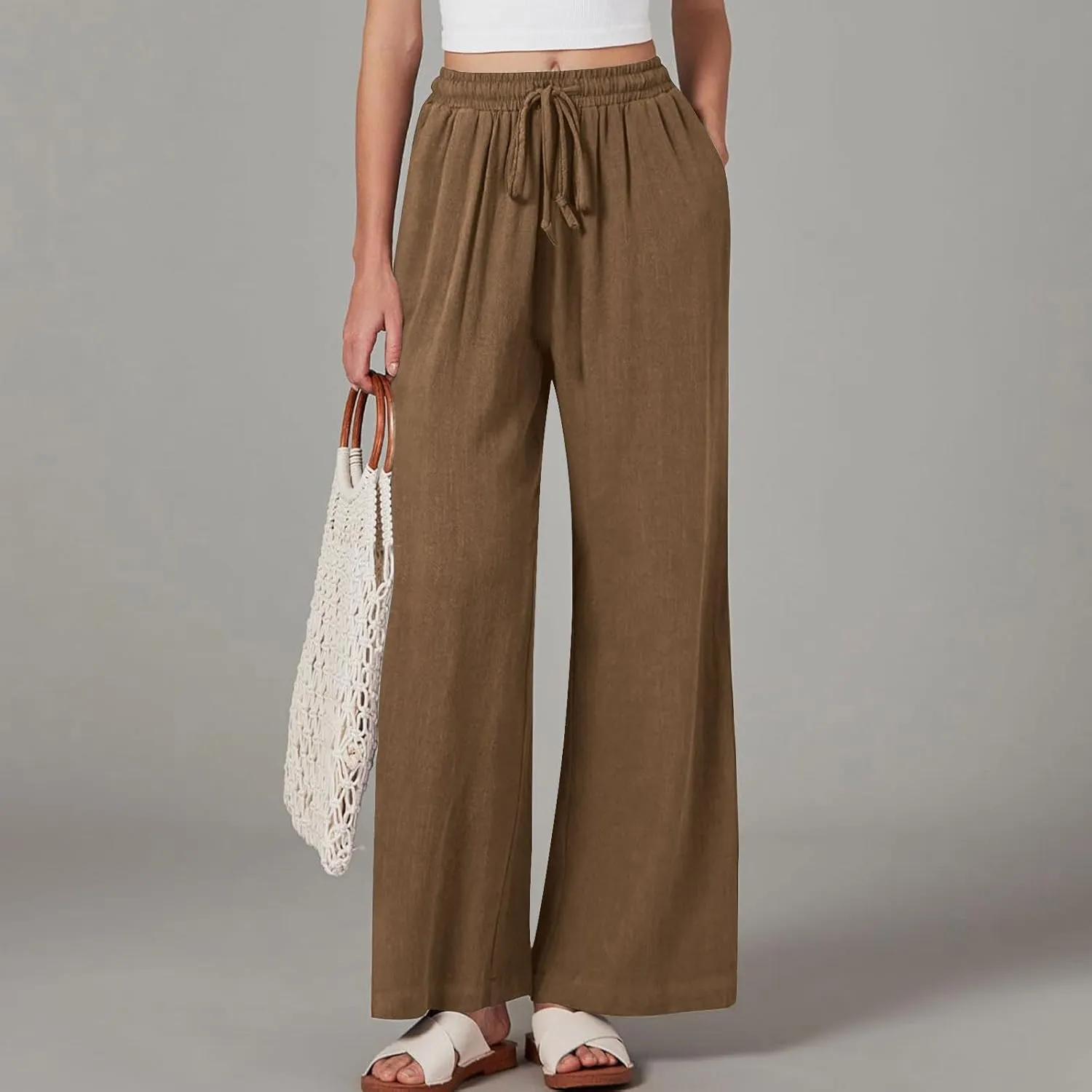 TANGNADE Womens Cotton Linen Pants with Pockets Straight Leg Loose Elastic High Waisted Comfy Summer Lounge Trousers