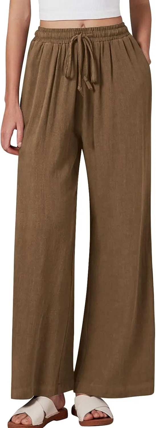 TANGNADE Womens Cotton Linen Pants with Pockets Straight Leg Loose Elastic High Waisted Comfy Summer Lounge Trousers