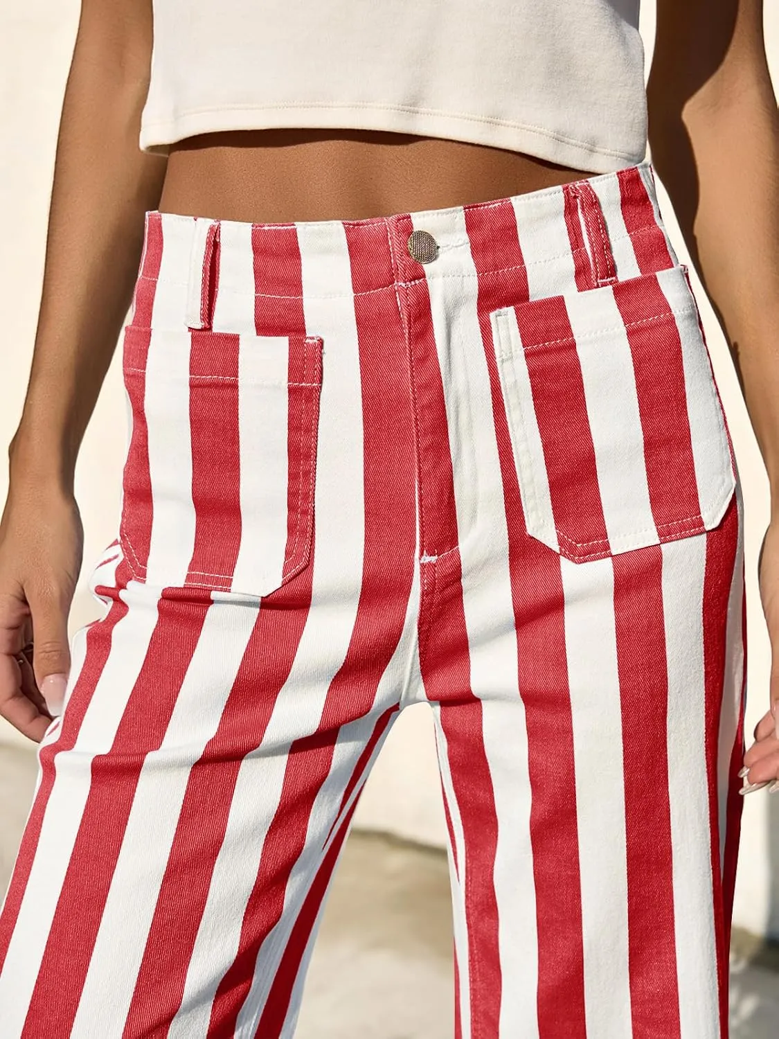 Tankaneo Womens Cropped Striped Jeans Casual High Waisted Stretchy Straight Leg Denim Pants with Pockets