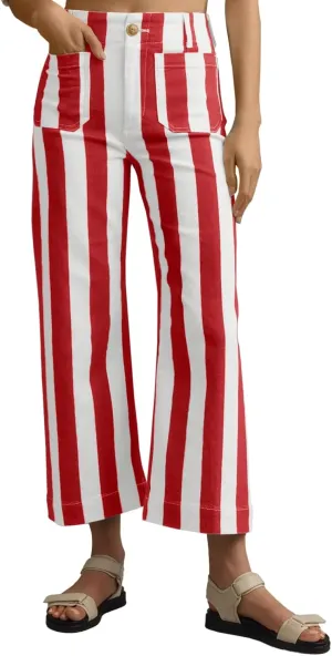 Tankaneo Womens Cropped Striped Jeans Casual High Waisted Stretchy Straight Leg Denim Pants with Pockets