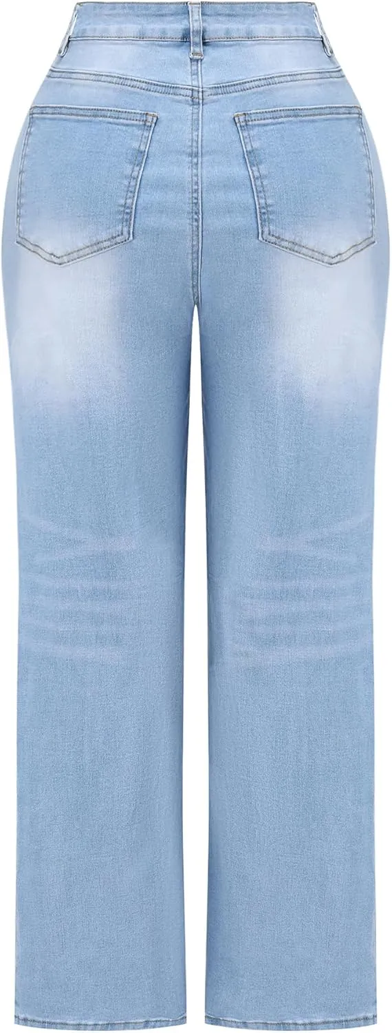 THUNDER STAR Womens High Waisted Wide Leg Jeans Stretchy Distressed Denim Pants