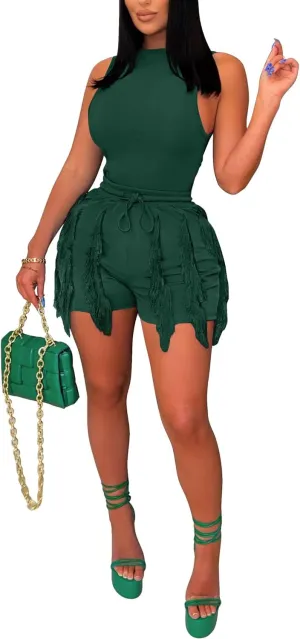 Two Piece Outfits for Women Casual Solid Sleeveless One Piece Tank Tops Fringe Pants Drawstring Shorts Jumpsuits