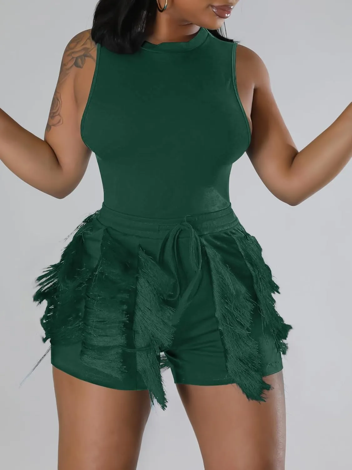 Two Piece Outfits for Women Casual Solid Sleeveless One Piece Tank Tops Fringe Pants Drawstring Shorts Jumpsuits