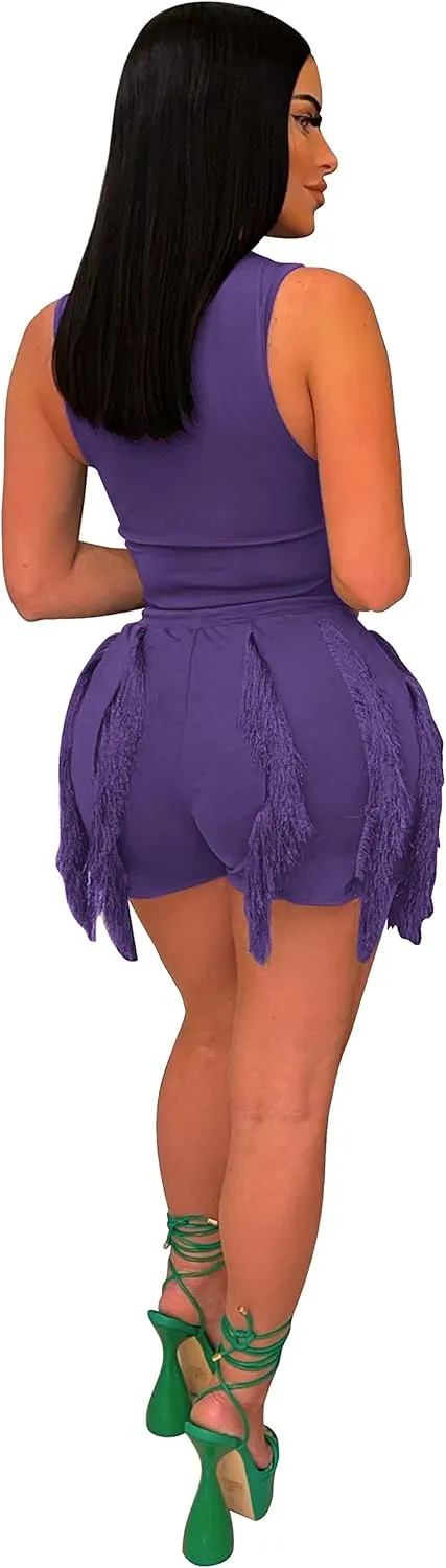 Two Piece Outfits for Women Casual Solid Sleeveless One Piece Tank Tops Fringe Pants Drawstring Shorts Jumpsuits