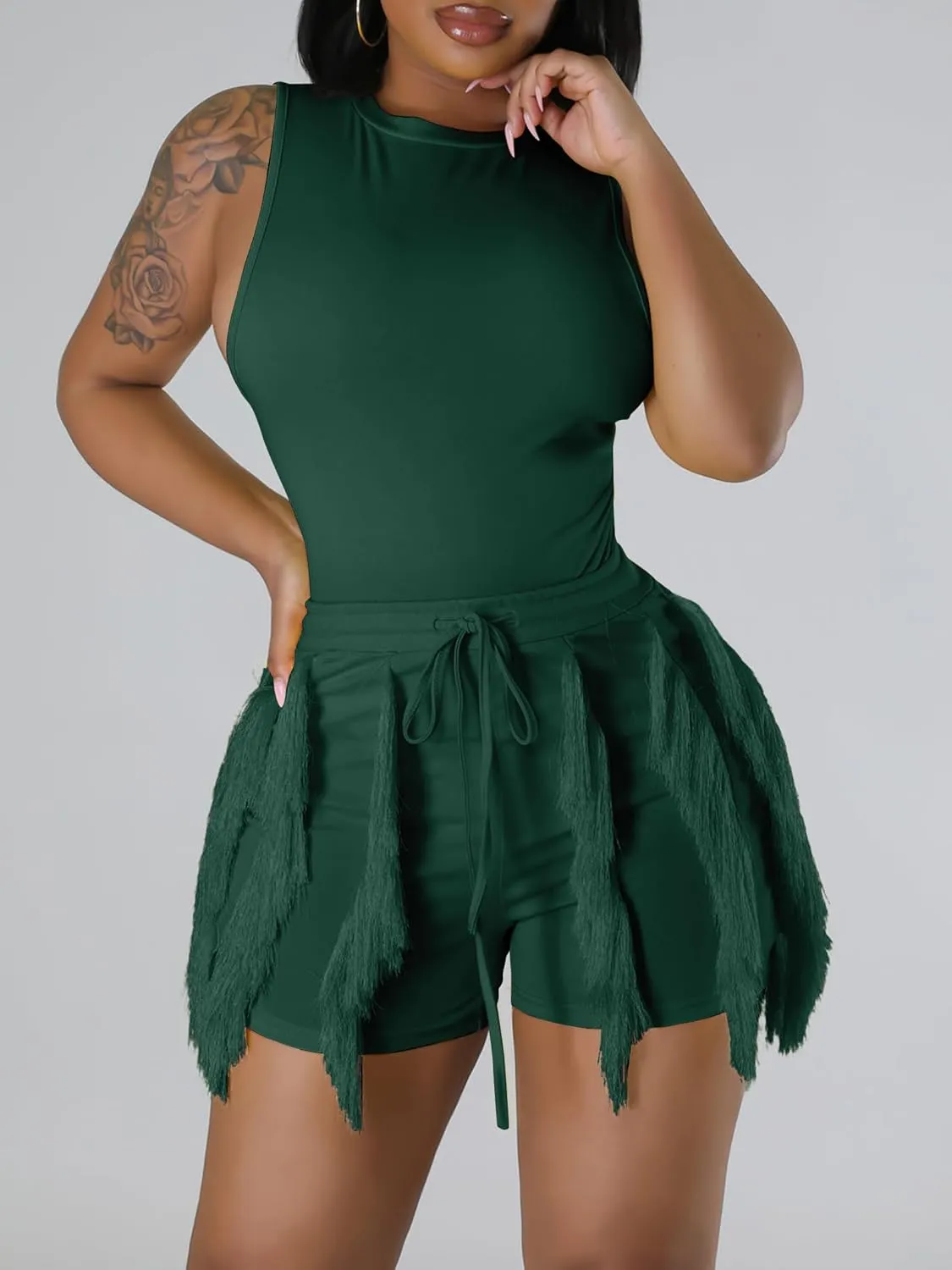 Two Piece Outfits for Women Casual Solid Sleeveless One Piece Tank Tops Fringe Pants Drawstring Shorts Jumpsuits
