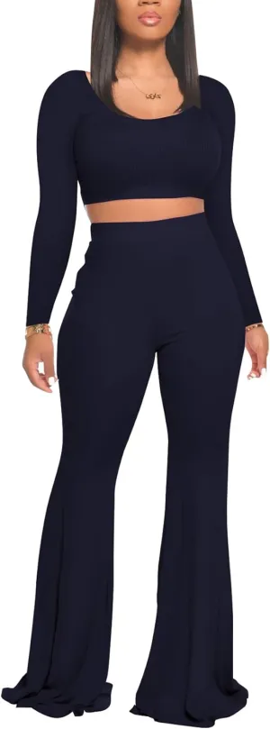 Two Piece Outfits for Women Sexy Crop Top   Flared Long Pants Sweat Suits Ribbed Fitted Tracksuits Yoga Set