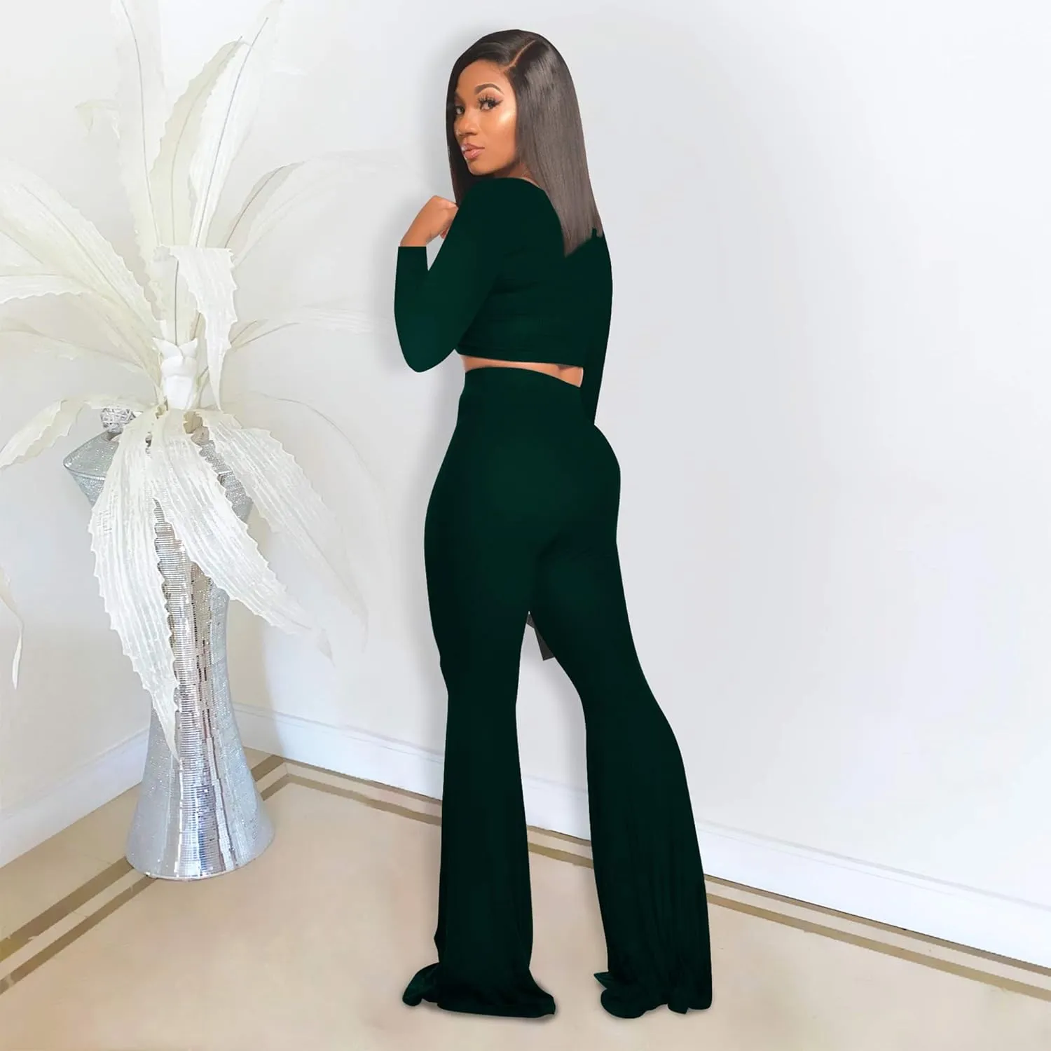 Two Piece Outfits for Women Sexy Crop Top   Flared Long Pants Sweat Suits Ribbed Fitted Tracksuits Yoga Set