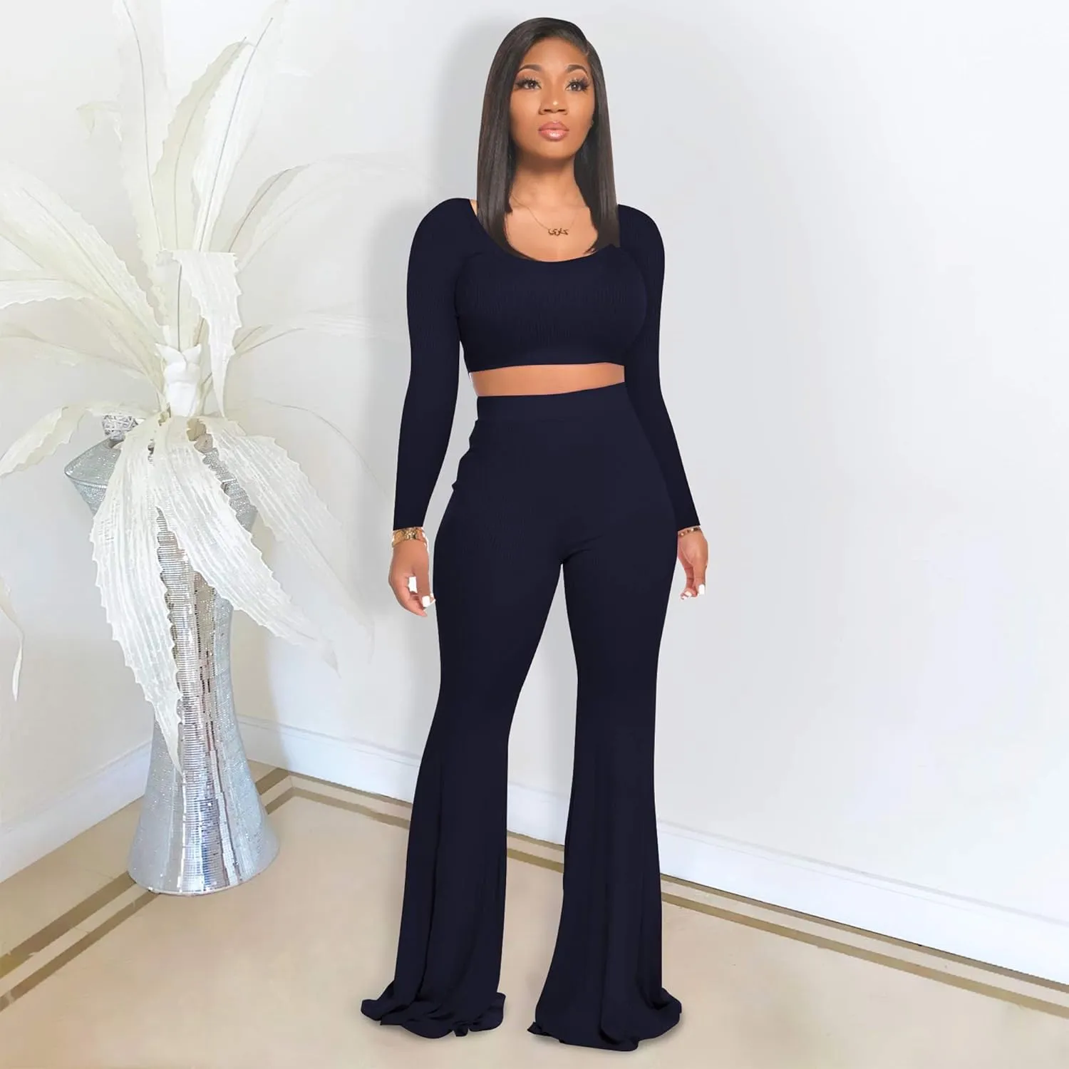 Two Piece Outfits for Women Sexy Crop Top   Flared Long Pants Sweat Suits Ribbed Fitted Tracksuits Yoga Set