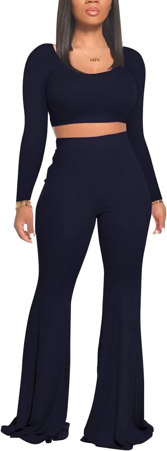 Two Piece Outfits for Women Sexy Crop Top   Flared Long Pants Sweat Suits Ribbed Fitted Tracksuits Yoga Set
