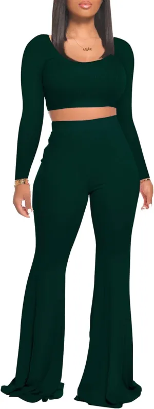 Two Piece Outfits for Women Sexy Crop Top   Flared Long Pants Sweat Suits Ribbed Fitted Tracksuits Yoga Set