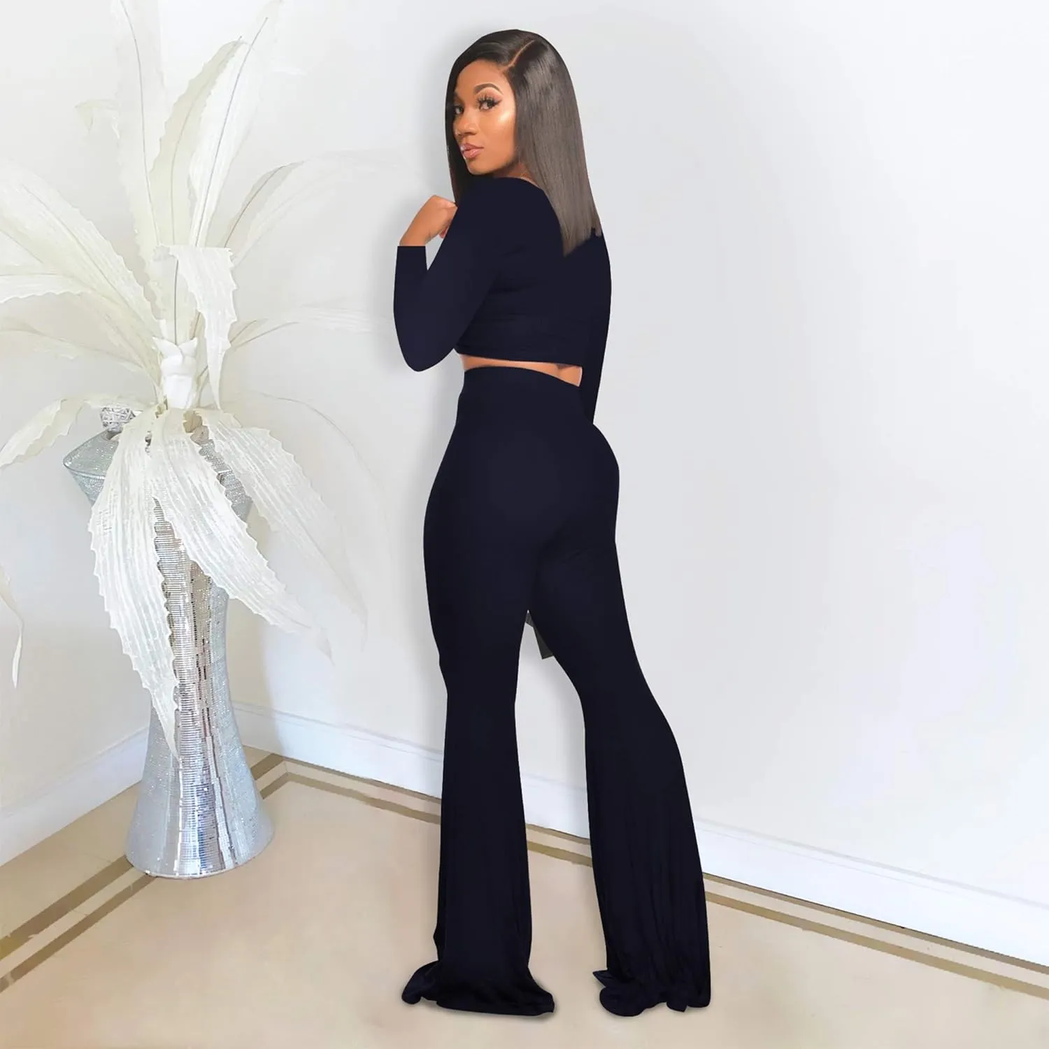 Two Piece Outfits for Women Sexy Crop Top   Flared Long Pants Sweat Suits Ribbed Fitted Tracksuits Yoga Set