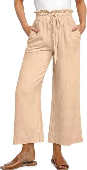 UEU Womens Linen Pants Summer Wide Leg Casual Loose High Waist Drawstring Palazzo Capri with Pockets- 25" / 20" / 3" Inseam