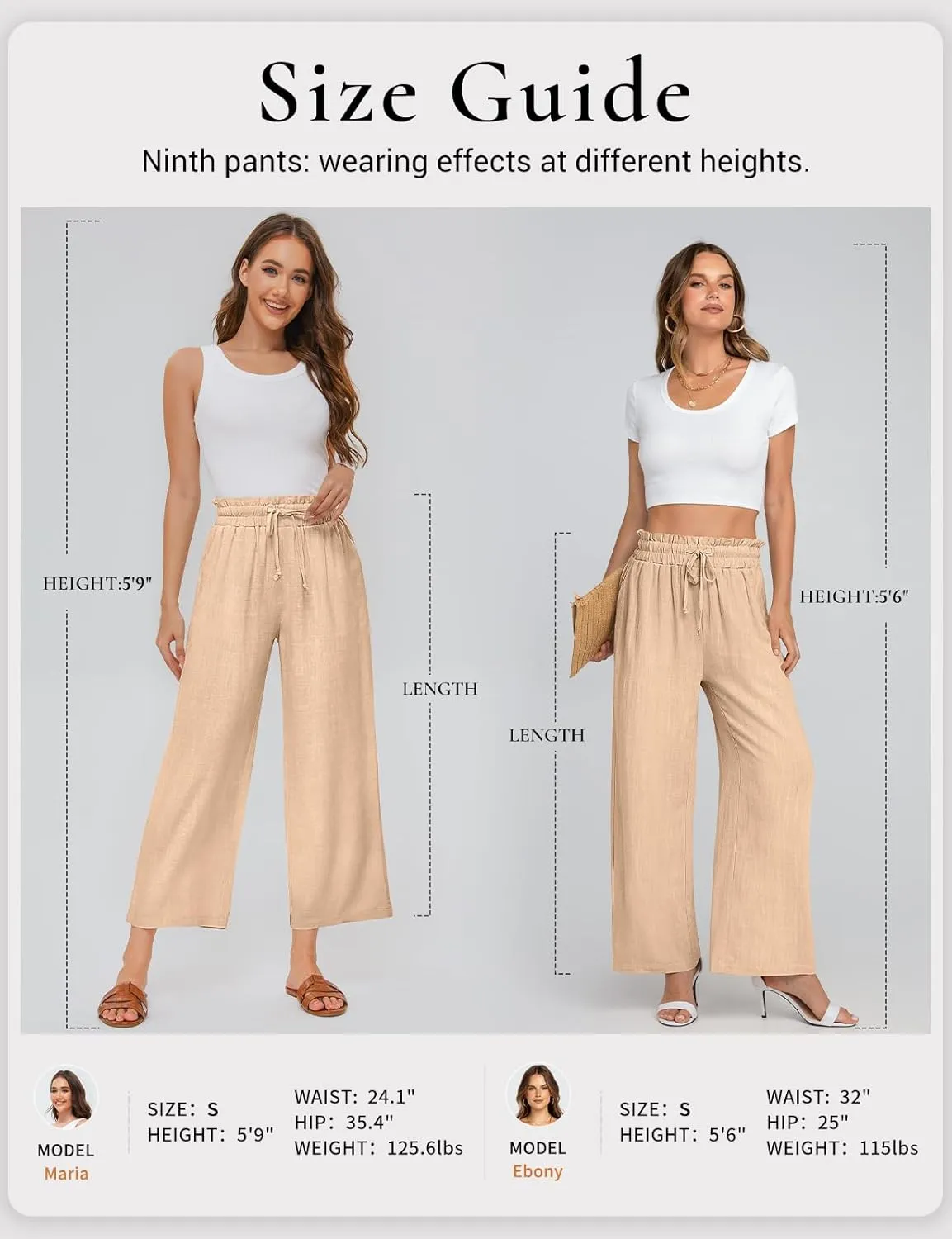 UEU Womens Linen Pants Summer Wide Leg Casual Loose High Waist Drawstring Palazzo Capri with Pockets- 25" / 20" / 3" Inseam