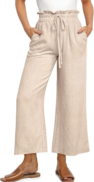 UEU Womens Linen Pants Summer Wide Leg Casual Loose High Waist Drawstring Palazzo Capri with Pockets- 25" / 20" / 3" Inseam