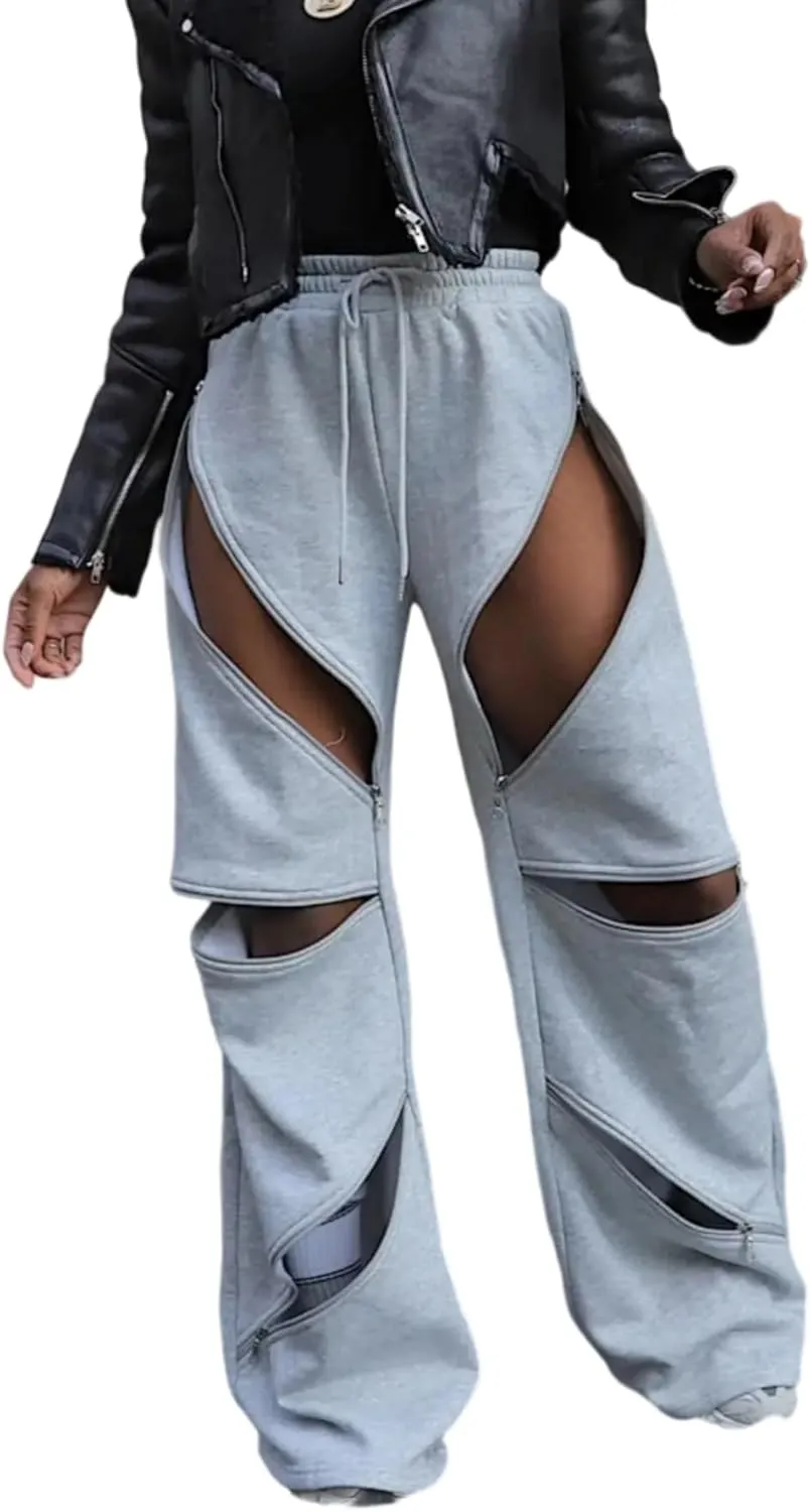 Unybwonn Women High Waist Wide Leg Y2k Sweatpants Baggy Patchwork Multi Zipper Ripped Cutout Joggers Pants Streetwear