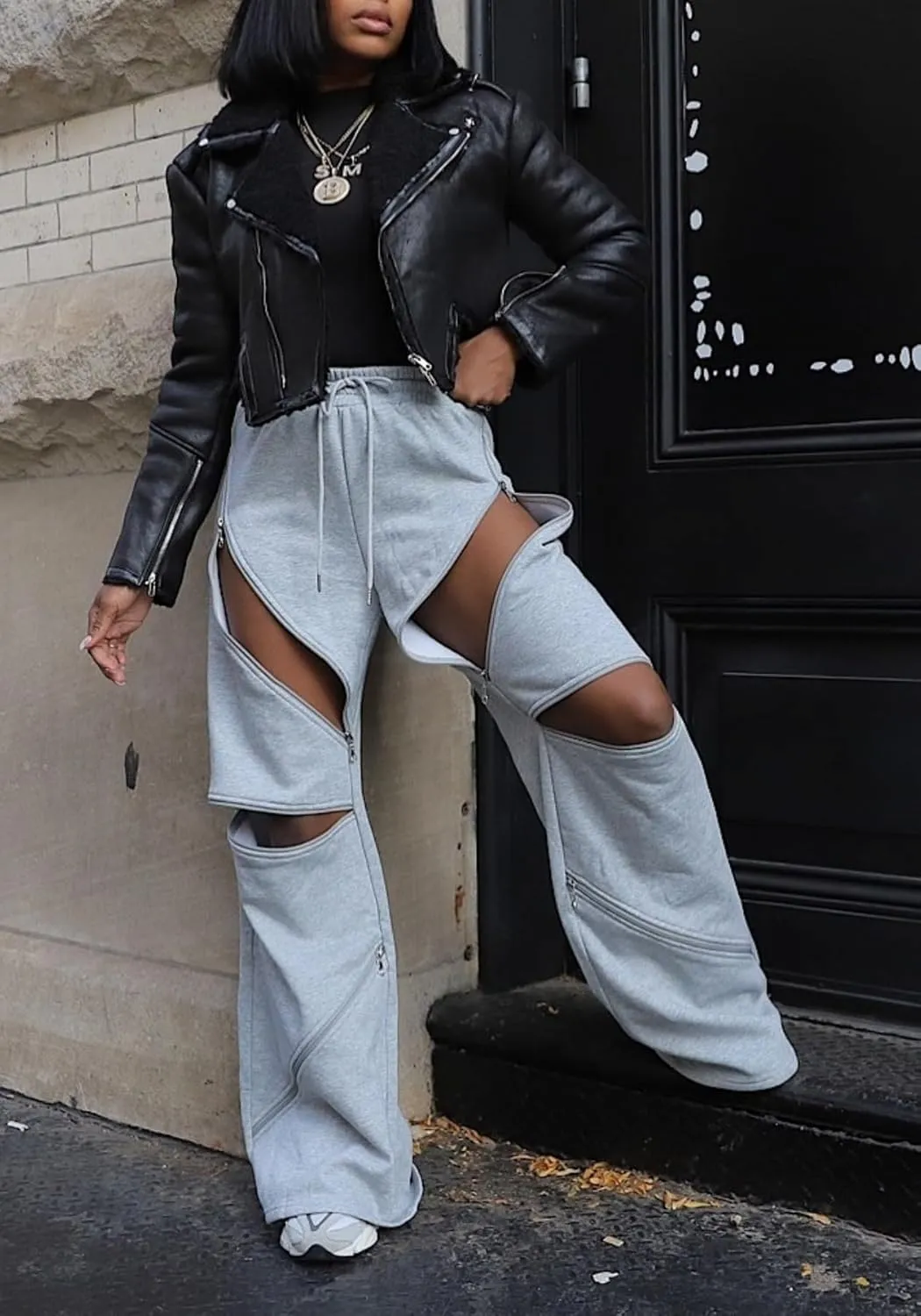 Unybwonn Women High Waist Wide Leg Y2k Sweatpants Baggy Patchwork Multi Zipper Ripped Cutout Joggers Pants Streetwear