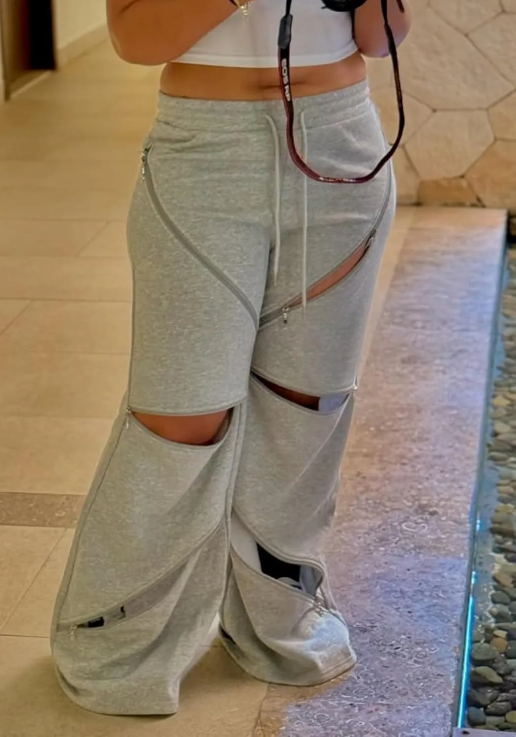Unybwonn Women High Waist Wide Leg Y2k Sweatpants Baggy Patchwork Multi Zipper Ripped Cutout Joggers Pants Streetwear