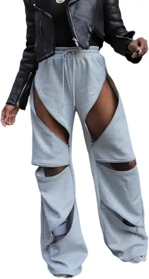 Unybwonn Women High Waist Wide Leg Y2k Sweatpants Baggy Patchwork Multi Zipper Ripped Cutout Joggers Pants Streetwear