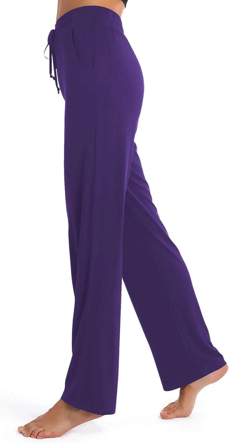 Urban CoCo Women's Straight Leg Long Pants Elastic High Waist Drawstring Casual Trousers with Pockets